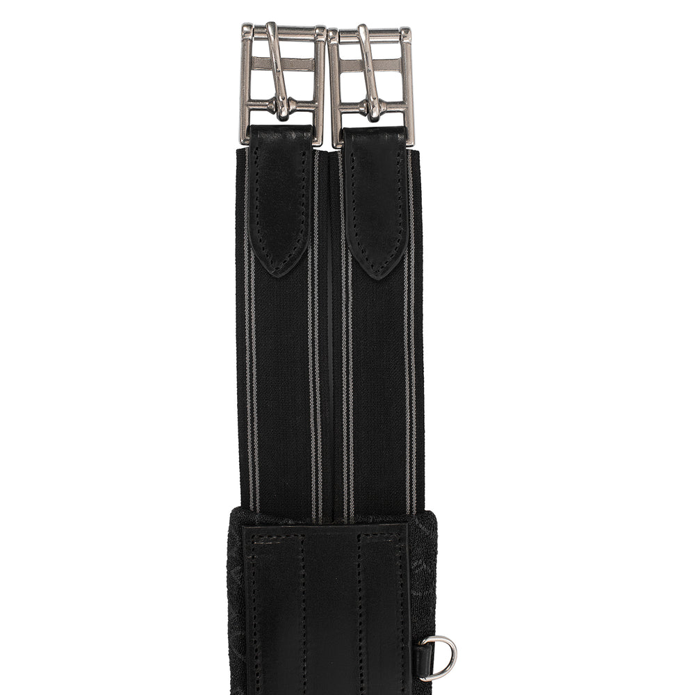 Black equestrian girth with silver buckle on a white background