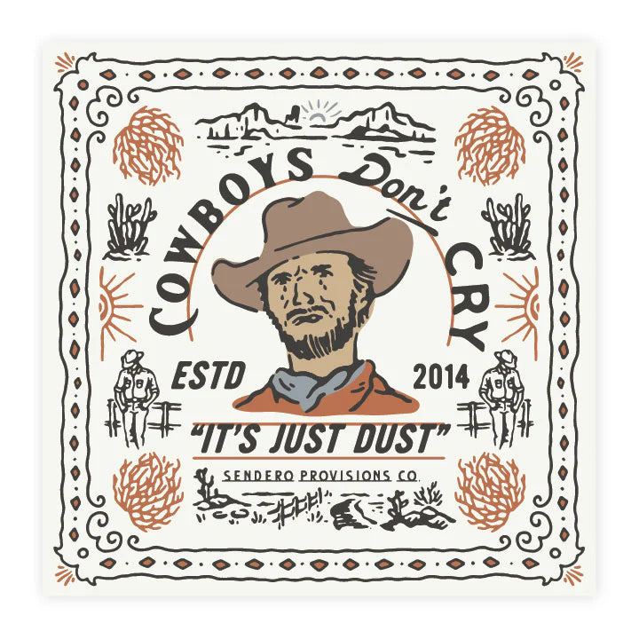 Logo with a cowboy illustration and text on a decorative border