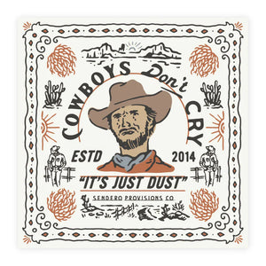 Logo with a cowboy illustration and text on a decorative border